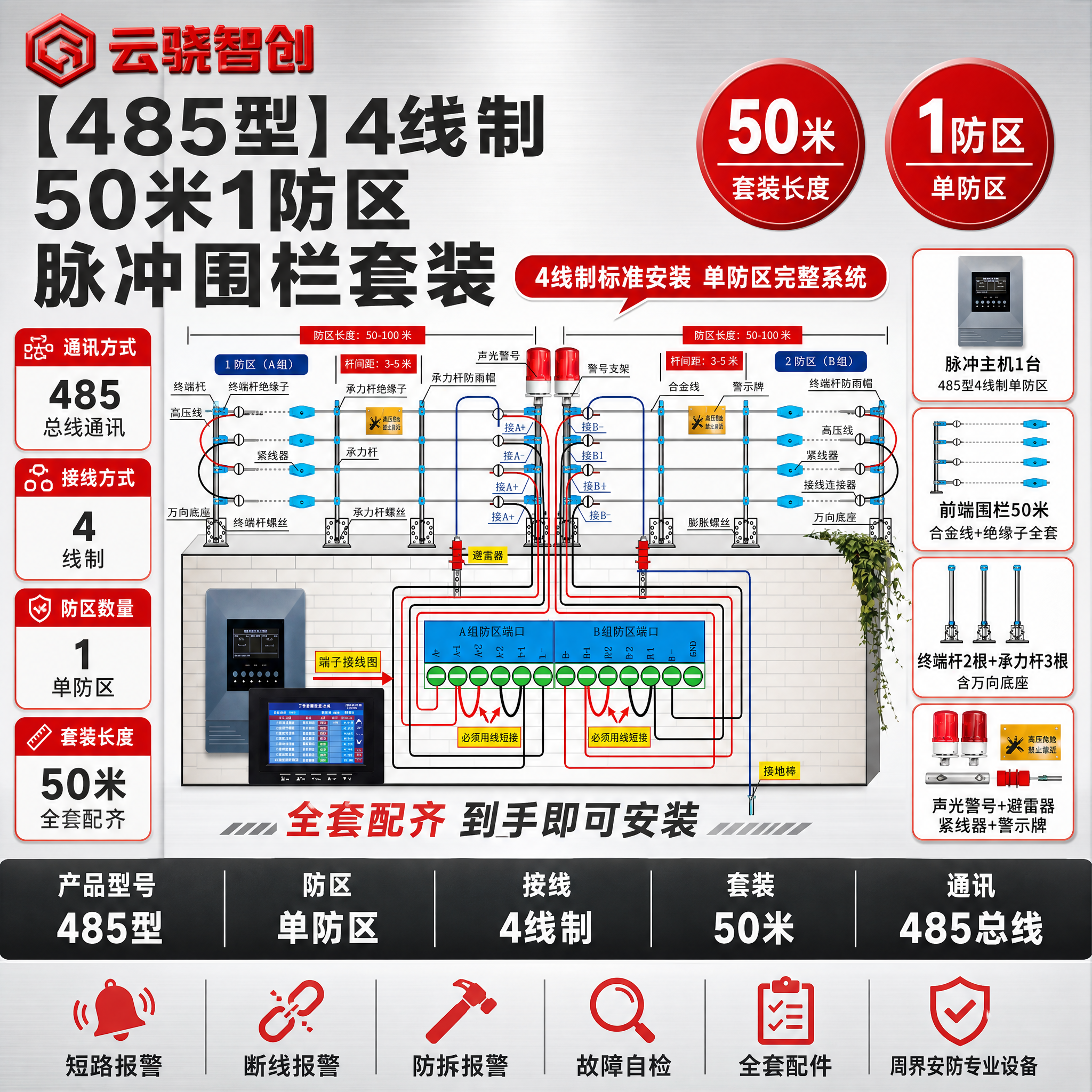 [单张主图] 【485型】4线制【50米】1防区脉冲围栏套装，… - 图片创意预览