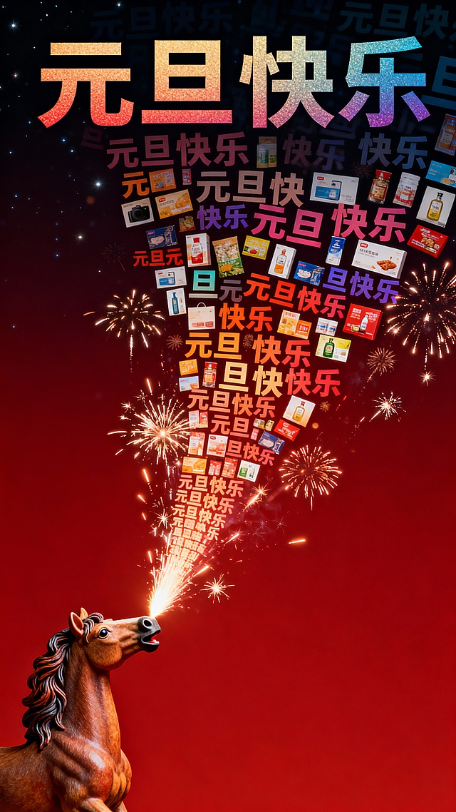 主体：左下角一个微缩的骏马，从嘴巴喷出点燃的礼花，礼花喷出的烟花自上而下落下密集的各色的元旦快乐，元旦快乐，文字渐变又清晰到模糊，并且穿插产品图片，几乎铺满整个画面。
装饰元素：其余部分留白
色调：元旦红色调
背景：黑夜
风格：喜庆风格