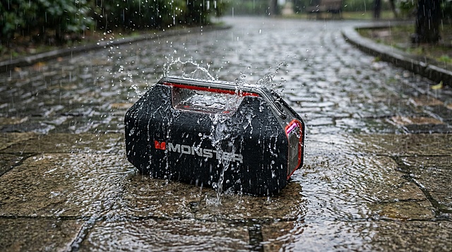 生成一个音响在户外下雨的石板上，音响上还有大量水渍，并且还有大量的水泼在音响上，体现出音响的防水功能强大