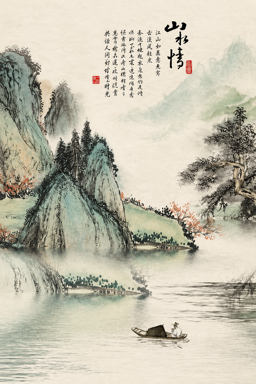 提取图中的门帘图案，完整还原门帘上的中式水墨山水画设计：米白色… - 图片创意预览
