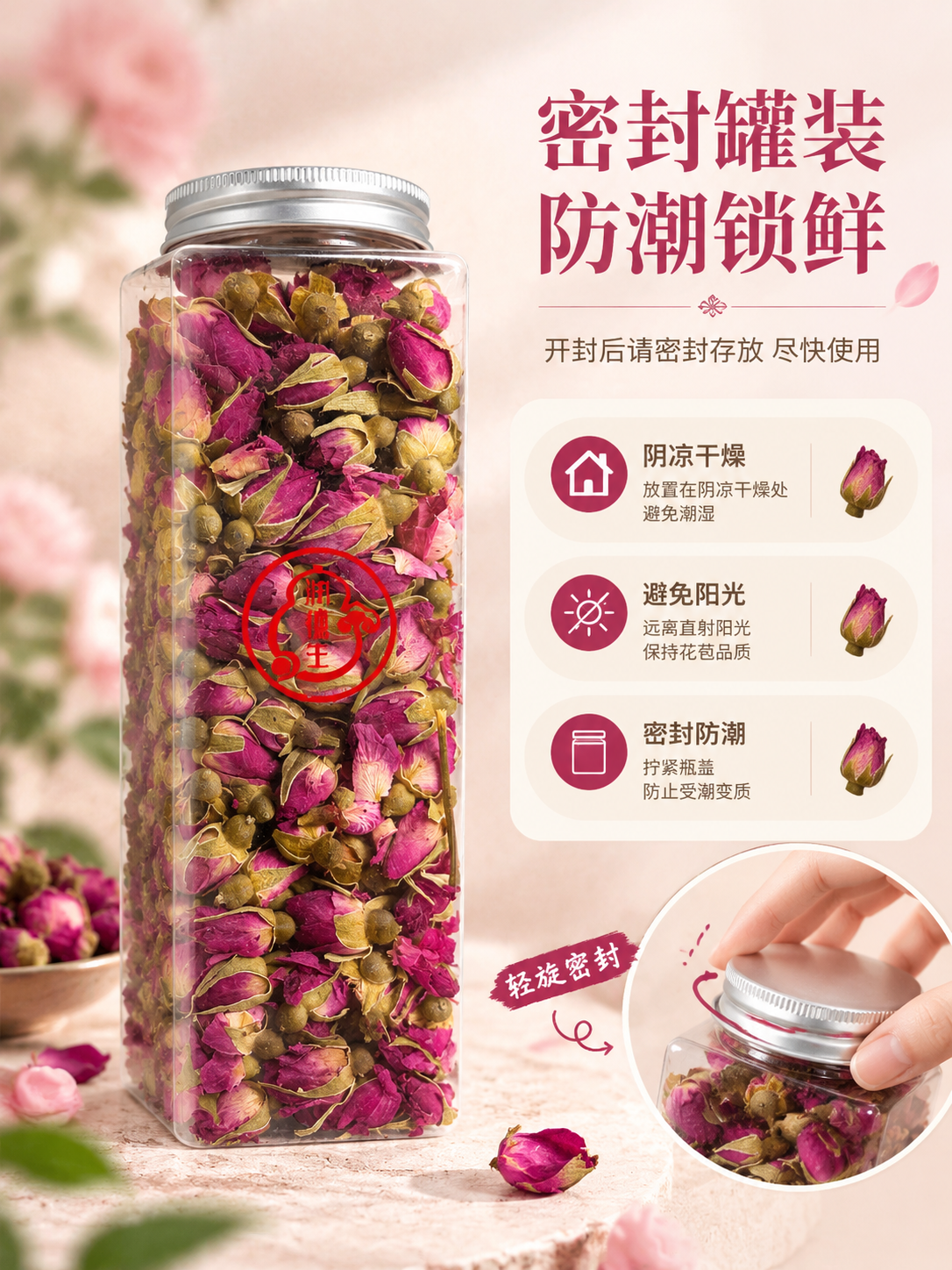 [商品] 使用【图3】方瓶罐装重瓣红玫瑰花苞干花，保留透明方罐… - 图片创意预览