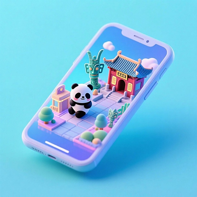 一个手机创意微缩场景，手机平放，侧面对着观众，手机俯视角度，立体的成都景观从屏幕内出来，有熊猫，三星堆，武侯祠，整体色调立体魔幻。青色背景。具有梦幻感,打光营造出柔和氛围强调梦幻和未来感的美学。