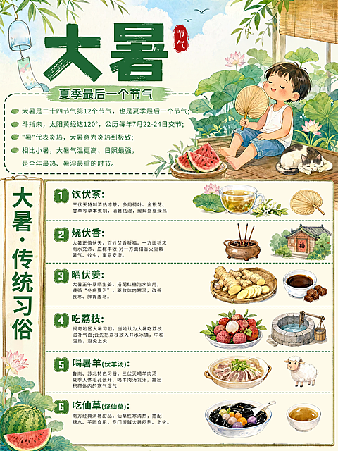 大暑节气习俗科普宣传小红书配图封面