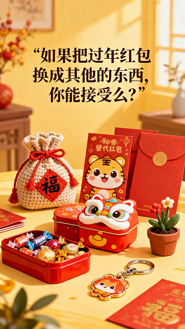 温馨喜庆的过年场景，画面中摆放着各种新奇的替代红包的物品，配文"如果把过年红包换成其他的东西，你能接受么？"，充满趣味和讨论感