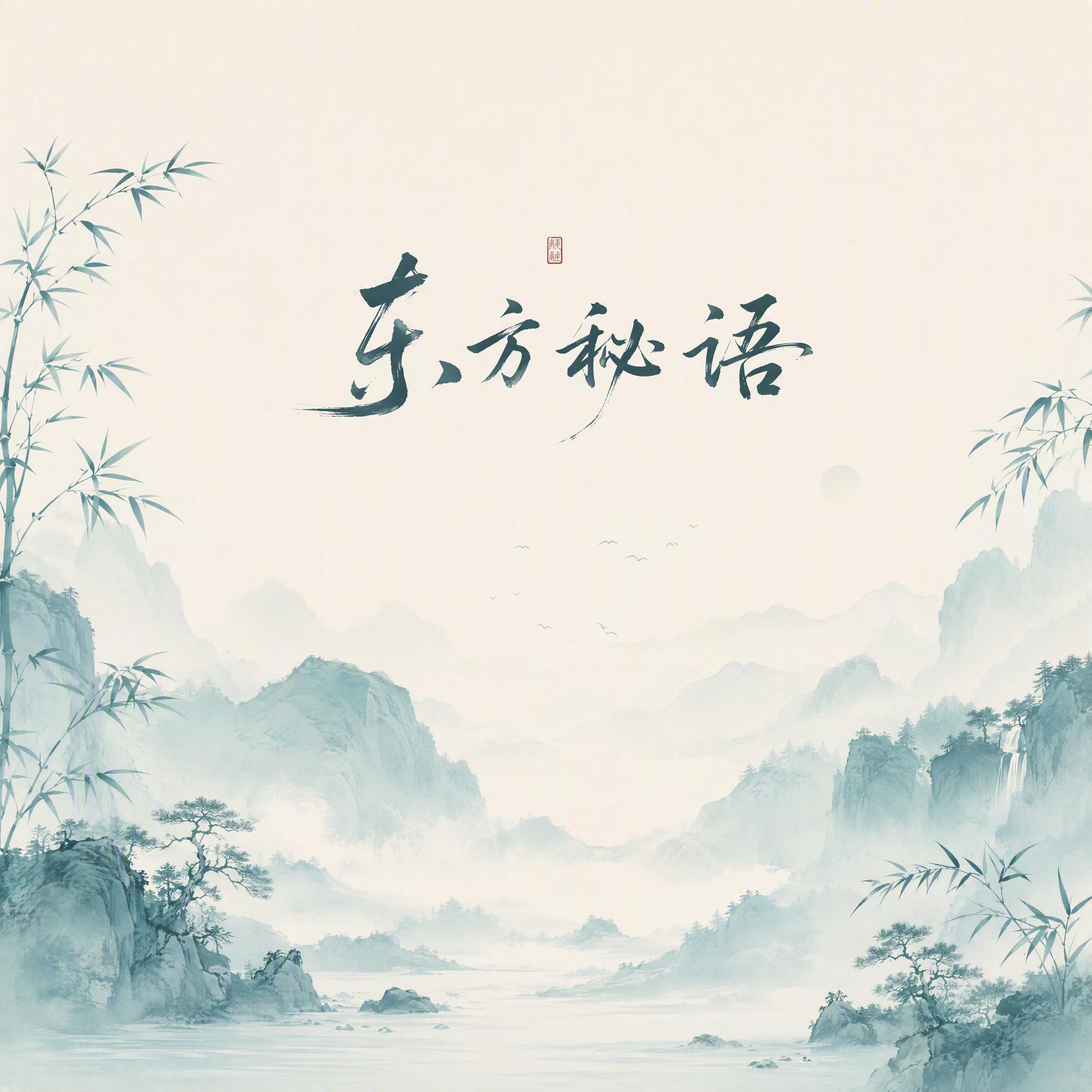 公司吧台背景墙设计，正方形构图，主题「东方秘语」。淡青色与米白… - 图片创意预览
