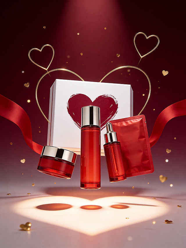 奢华浪漫商业美妆 3D 渲染风格，画面以深邃酒红色渐变为主色调，搭配金色与白色作为视觉点缀，整体色调浓郁热烈且富有高级感。采用平视略仰视的视角，主体错落分布：一组主体置分散悬浮于画面中央，主体大小适中且形成稳定的三角构图，主体背后是白色礼盒，的白色礼盒中间有一个主体同色系涂鸦爱心，呈自然倾斜角度，占据视觉核心区域。背景装饰有红色丝带、金色爱心线条与散落的金色光斑，丝带呈缠绕流动状，爱心线条悬浮于礼盒后方。采用柔和的暖光，爱心形灯光从上照到地面，营造出明暗层次丰富的奢华氛围，主体与浪漫热烈的场景融为一体，充满节日氛围感与视觉张力。