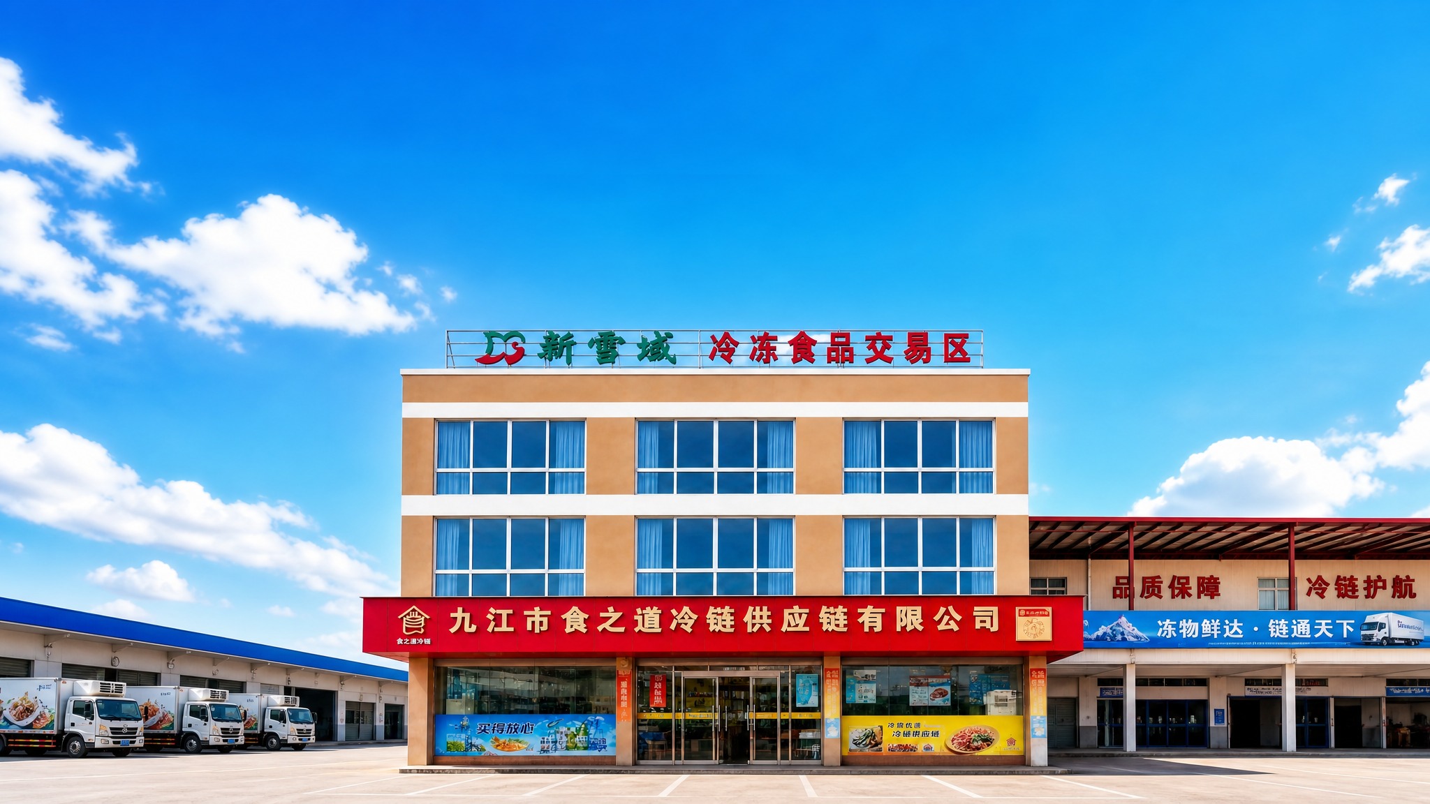 基于这张新雪域冷冻食品交易区的建筑照片，制作一张适合微信朋友圈… - 图片创意预览