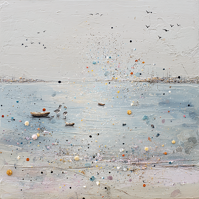 现代美学，极简主义，色彩颗粒，丙烯画、布面油画，色粉画，扁平化，插画、绘本插图、风景、自然主题、肌理触感等，肌理纸制作与画面特殊效果的把控是作品的灵魂，画面细腻耐人寻味、如肌理纸上的二次创作，如画、划等手法、特定色彩与肌理效果，画我所熟悉的海滩、几只鹬鸟、波光粼粼的海面上的船只和美丽的风景等主题。她每天都在进行绘画实验，在形状、颜色和线条上变得更加自由和具有实验性。