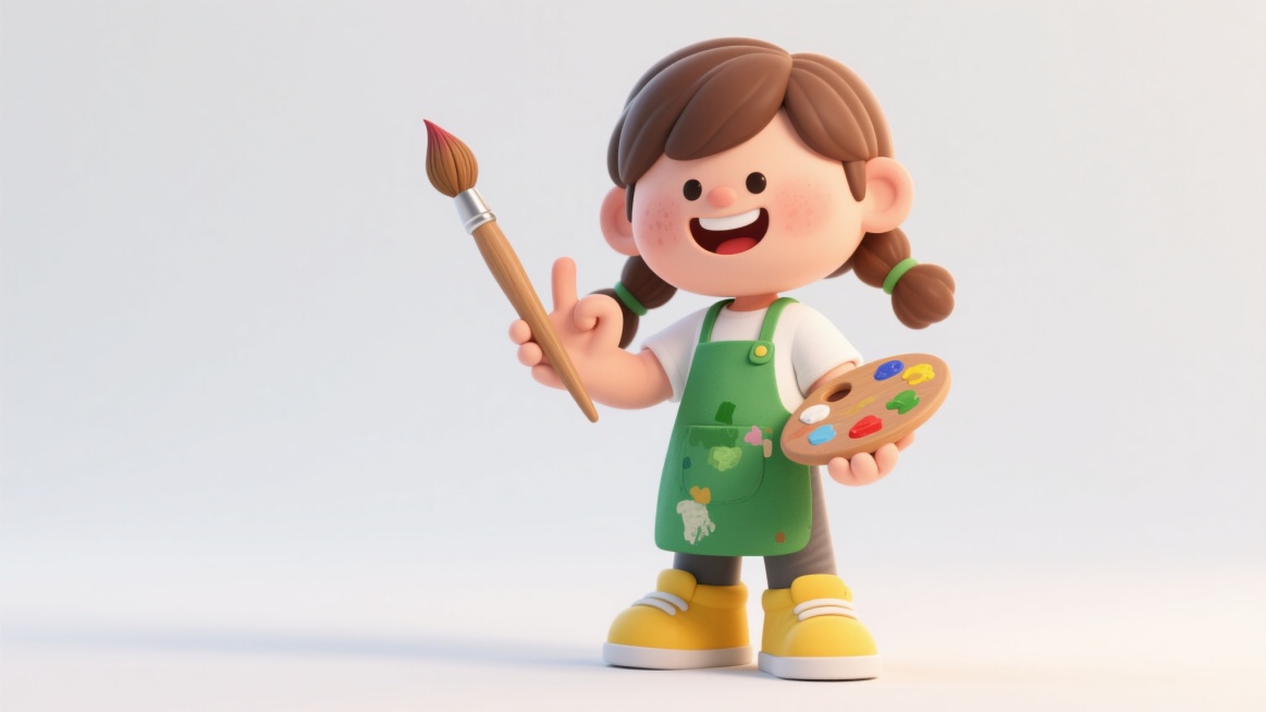 3D动画风格，Q版人物，造型可爱圆润，色彩鲜艳逼真，光影效果柔和均匀，无明显阴影，3D纹理光滑细腻，白色背景，职业为画家，身穿白色T恤和苔绿色围兜，手持画笔，面带微笑，单手做出OK手势，棕色头发扎成两预览效果