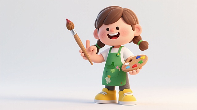 3D动画风格，Q版人物，造型可爱圆润，色彩鲜艳逼真，光影效果柔和均匀，无明显阴影，3D纹理光滑细腻，白色背景，职业为画家，身穿白色T恤和苔绿色围兜，手持画笔，面带微笑，单手做出OK手势，棕色头发扎成两条小辫，穿着黄色鞋子，整体氛围充满欢乐活泼，高细节，高品质，8K分辨率