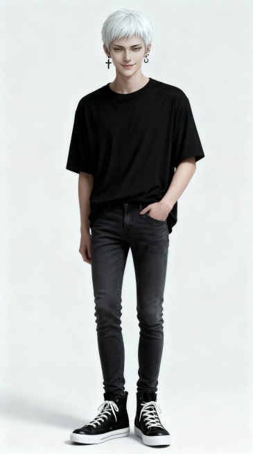 补充生成图中人物全身正面照。图中人物外观容貌和发型与画风完全不改变仅补充全身
【人物形象】人物脸型下颌角圆滑而不方，下巴尖瓜子脸，黑色眉毛，人物眼神狭长且邪魅黑色瞳孔偏死鱼眼上眼睑平直，耳朵短。图中人预览效果