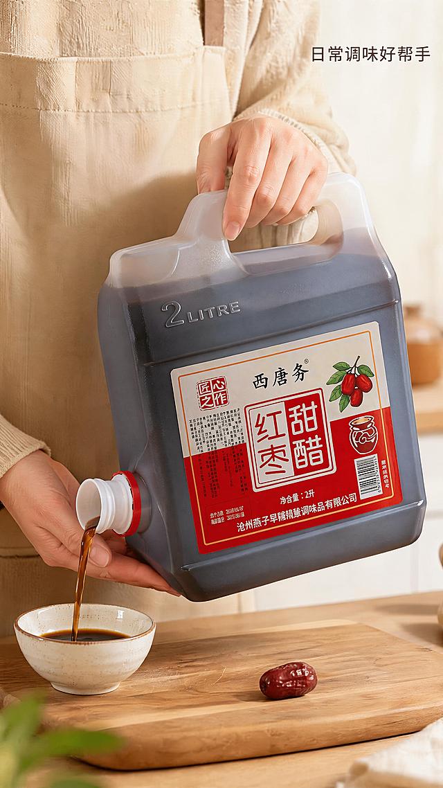 [第5屏] 手部操作场景，展示倒醋使用动作。本屏使用【图1】作为产品主体。
[氛围/风格] 生活化自然场景，真实使用感，温暖家常。
[元素布局] 一只手握住产品提手，另一只手扶住瓶身，正在往小瓷碗中倒醋；产品位于画面中心，占比约70%；碗放在木质砧板上，旁边点缀一颗红枣；保持产品包装结构颜色和文字与输入图完全一致。
[光影质感] 厨房柔和自然光，手部和产品光影自然，阴影柔和不生硬。
[配色色系] 全局底色 #F6F0E3；主色：产品深棕和红色；辅助色：木质浅棕，瓷碗白色。
[视角构图] 中心平视构图，倒醋动作自然，主体突出，阅读流畅。
[文字版式] 右上角小主标题「日常调味好帮手」，文字小巧不遮挡操作动作和产品主体，字体保持统一风格。
[比例分辨率] 9:16竖版比例，4K分辨率，文字清晰可辨，高清画质。
[负向提示词] 手部畸形，产品倾倒方向错误，产品变形，包装文字模糊，文字遮挡主体，水印