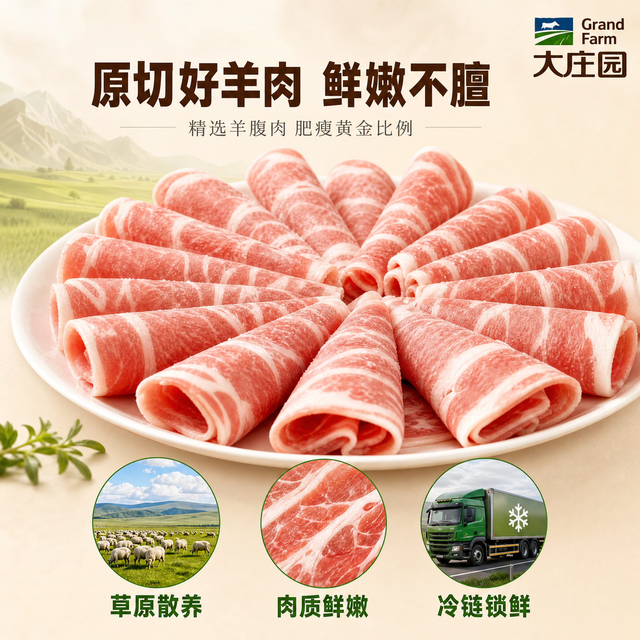 [主图-2] 肥羊卷肉质细节与产地品质展示，突出羊肉的优质选材… - 图片创意预览