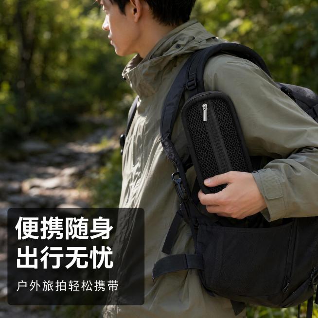 [主图-4] 户外出行携带场景展示，[氛围风格] 户外休闲出行，真实自然[画质] 高清真实摄影，氛围感自然[元素] 一位年轻男生户外徒步，单手握着黑色保护包，保护包放置在登山包侧袋旁，展示保护包便携小预览效果