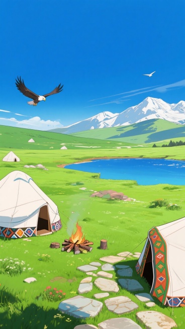 二次元，草原，细节丰富，绿色和蓝色，民族风，生成2张，不要人，4k，9:16预览效果