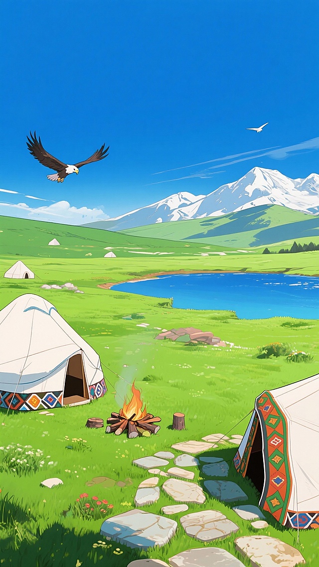 二次元，草原，细节丰富，绿色和蓝色，民族风，生成2张，不要人，4k，9:16