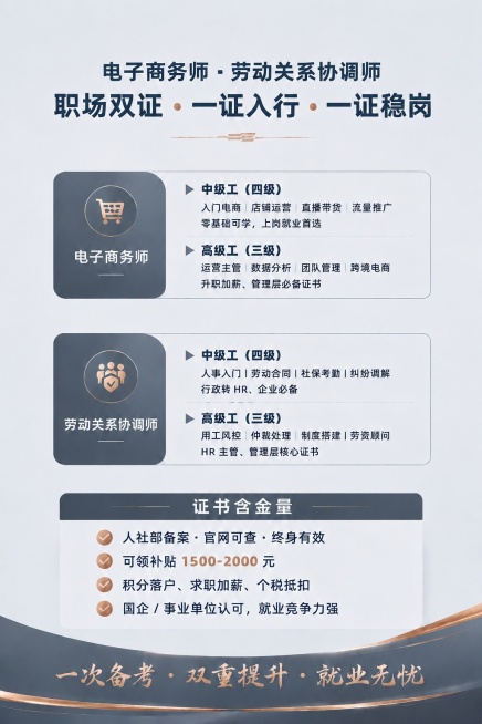 保持其他所有内容、字体样式和位置不变，仅将主标题中“电子商务师”和“劳动关系协调师”中间的“+”符号修改为“·”，整体样式保持一致预览效果