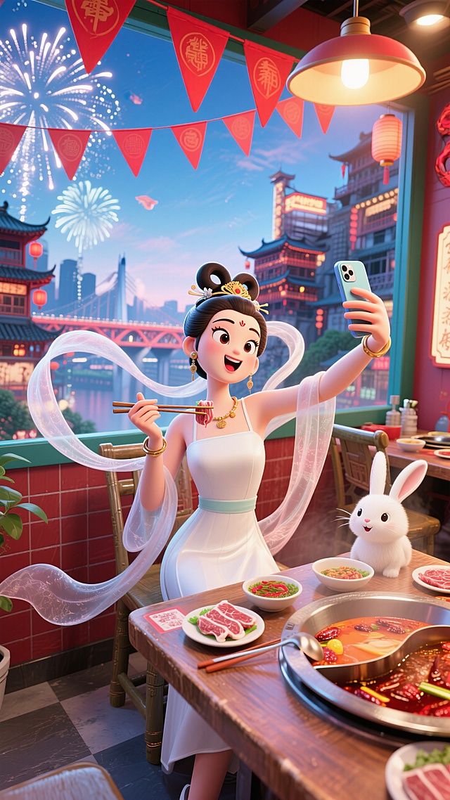 嫦娥穿着带有仙气飘带的现代白色时尚的裙子坐在成都的火锅店，一手拿着筷子吃火锅里的肉一手拿着手机和桌上的白兔子自拍，做着夸张的自拍表情，窗外天空漂浮着喜庆的纯色的红色三角旗帜，可以看到洪崖洞，白日烟花，辉光效果，广角俯视，大透视