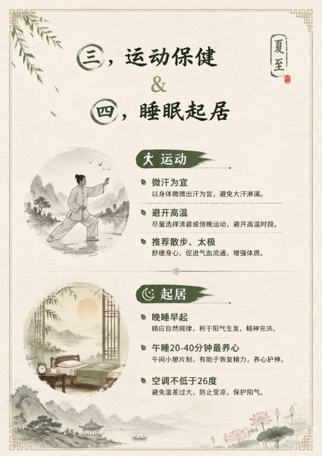 中国风养生国风夏至折页内页第四页，主题运动保健与睡眠起居，浅米宣纸背景，水墨山水淡装饰，标题"三、运动保健 & 四、睡眠起居"，内容：运动：微汗为宜避开高温，推荐散步太极；起居：晚睡早起，午睡20-4预览效果