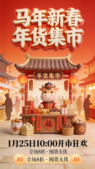 这张马年新春年货集市运营海报采用中式市井 + Q 版萌系黏土立体微场景风格，是热闹烟火气与新春喜庆氛围的融合设计。主体围绕 Q 版萌态小胖马展开：它戴着小掌柜帽，站在摆满年货礼盒、春联、灯笼、坚果的中预览效果