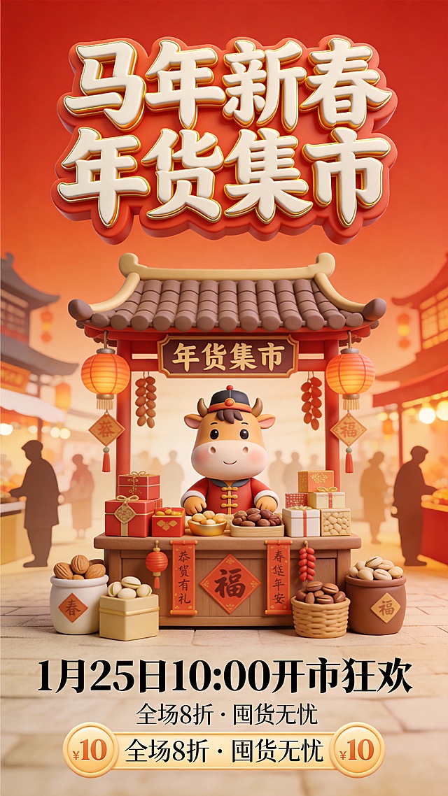 软3D风卡通牛掌柜拟人化设计，喜庆红金配色，粘土质感年货集市，春节氛围浓厚，马年新春主题鲜明。