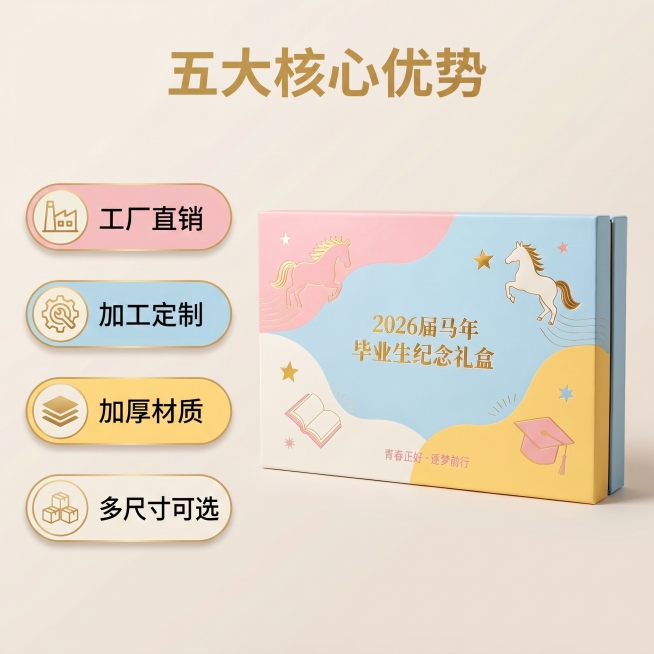 [主图 2] 毕业纪念礼盒核心卖点展示，青春活力治愈风。商业摄影质感、光线柔和通透、产品清晰真实、画面干净高级。毕业纪念礼盒放在画面中心偏上位置，浅色干净背景。四个核心卖点以胶囊标签形式垂直排列在左侧预览效果