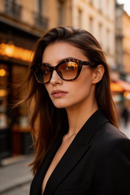 将这幅玳瑁纹猫眼太阳镜戴到一个外国时尚女性脸上，女性摆着开心的姿势，表情冷酷，发型微微飘起，背景为虚化偏暖色的街道街拍，眼镜镜片略微反射场景，透过镜片可以隐约看到人物眼睛，眼镜在脸上尺寸较小，展示人物预览效果