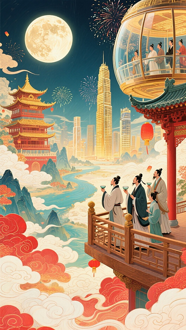 一侧，古代木质观景台，古代文人聚此，举着酒樽、凭栏望圆月、山河；另一侧，现代摩天楼高空观景舱，现代游客透过全景玻璃，赏烟花，背景古楼阁与城市高楼相融合，明月照。整体画面充斥着华丽的金色和喜庆的红色，奇幻色彩和光影变化，具有丰富的层次感和立体感，体现繁荣昌盛喜庆氛围，梦幻的大透视