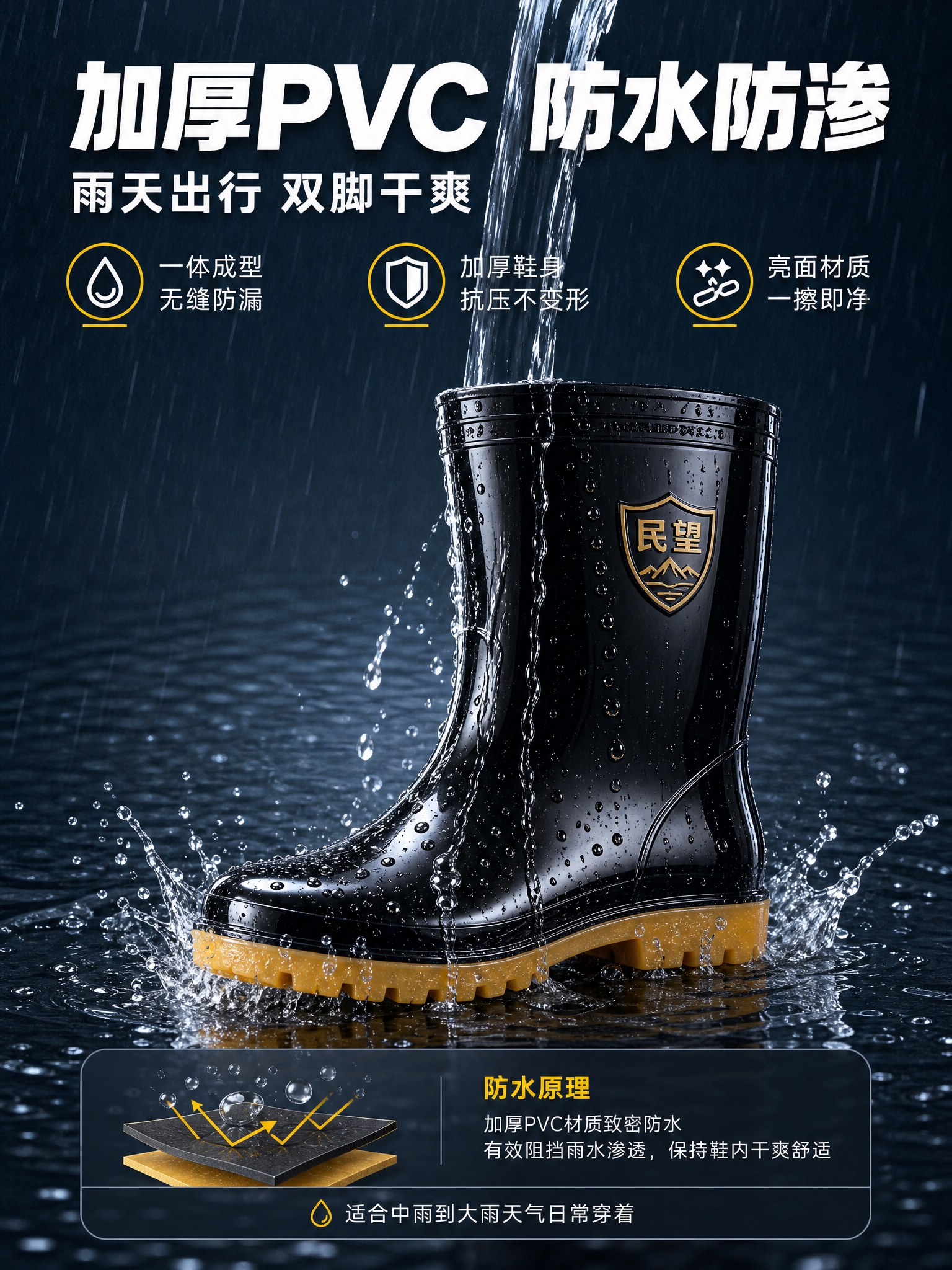 [商品] 使用【图1】中筒雨靴产品图；保留黑色亮面PVC材质、… - 图片创意预览