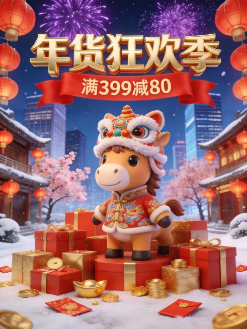 马年年货节大促海报，超喜庆氛围，3D 萌趣小马身穿刺绣唐装、头戴醒狮帽，立于中间，周围及前景堆满了红金礼盒与散落的金元宝、红包。背景是挂满红灯笼的古街与现代高楼同框，紫色烟花在深蓝夜空炸开，粉色桃花树预览效果