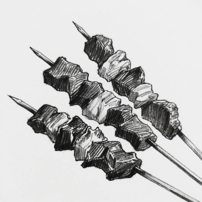 纯手绘素描风格的烤羊肉串插画，黑色铅笔线条勾勒，线条粗细变化明显，有清晰的阴影和明暗对比以增强立体感，肉质纹理通过交叉线条和块状笔触表现，三串羊肉串呈交错排列，金属签子细长尖锐，整体画面简洁，背景为纯白色，无其他装饰元素，构图聚焦于羊肉串本身，展现出食物的质感和手绘的艺术感。预览效果