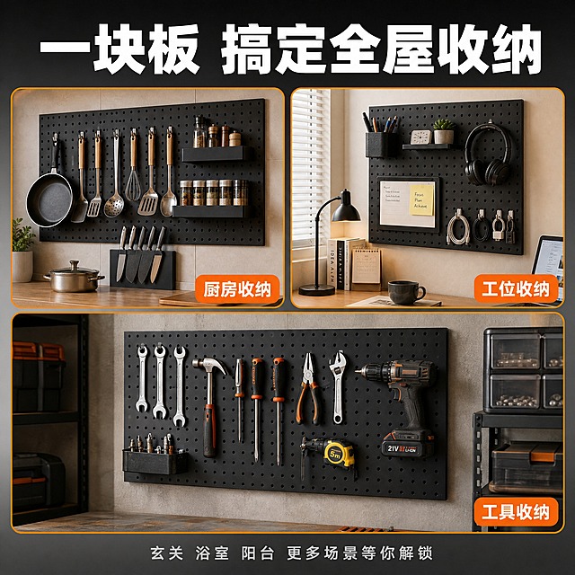 [主图-4] 主题：多场景适用 全屋收纳解决方案。
[统一基调] 拼多多风格，大字直白，性价比感，工业品质风；背景主色深灰渐变+橙色强调色；标题字色白色加粗，辅助字色浅灰，强调色亮橙色；字体为粗黑无衬线体，字号层级分明；卡片样式为圆角橙色边框半透明底。
[画面] 画面采用三宫格布局展示三个真实使用场景，每个场景都有黑色金属洞洞板：左上宫格是厨房场景，洞洞板挂在墙面，磁吸着锅铲、汤勺、调料架、菜刀等厨房用品；右上宫格是书房/工位场景，洞洞板挂在书桌旁墙上，磁吸着笔筒、耳机、便签板、数据线挂钩等文具；下方宫格是工具房/车库场景，洞洞板挂在墙上，挂着扳手、螺丝刀、钳子、卷尺等五金工具；三个宫格之间有橙色细线分隔。
[光影质感] 每个场景都是真实家居环境摄影质感，自然光线，洞洞板与墙面贴合自然无悬浮感，磁吸物品摆放整齐有生活气息，整体明亮整洁。
[配色] 每个场景有各自环境色但整体统一暖调，洞洞板保持哑光黑，宫格分隔线和标注为橙色，标题白色。
[文字版式] 顶部大标题"一块板 搞定全屋收纳"白色粗黑大字，横跨画面上方；每个宫格右下角有橙色小标签分别标注"厨房收纳""工位收纳""工具收纳"白色小字；底部一行小字"玄关 浴室 阳台 更多场景等你解锁"浅灰色。
[输出要求] 比例1:1，2048x2048，三宫格清晰，每个场景真实自然，文字清楚；负向：变形、错字、模糊、杂乱、水印、平台Logo、二维码、极限词、洞洞板悬浮。