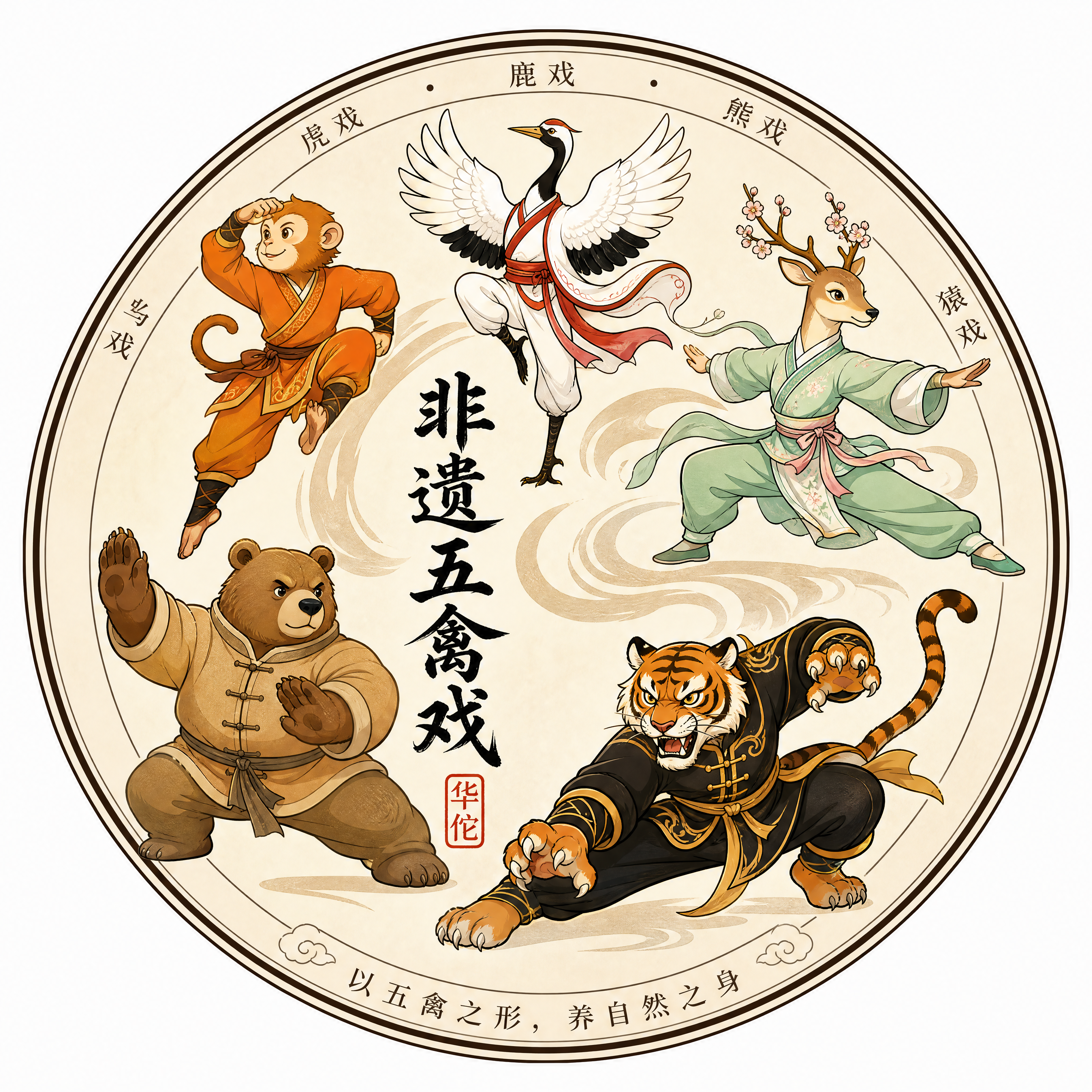 非遗五禽戏徽章式LOGO设计，外圆内构正圆形徽章，浅米宣纸色底… - 图片创意预览