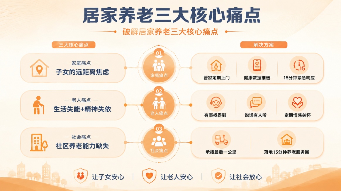 降低整体画面饱和度，改为更淡雅低饱和的暖色调。删除原大标题“百之善养老 三重安心”，将主标题改为“居家养老三大核心痛点”，保持其他所有内容、图标、版式不变，文字清晰可读。预览效果
