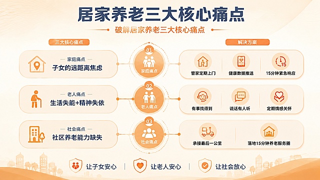 降低整体画面饱和度，改为更淡雅低饱和的暖色调。删除原大标题“百之善养老 三重安心”，将主标题改为“居家养老三大核心痛点”，保持其他所有内容、图标、版式不变，文字清晰可读。