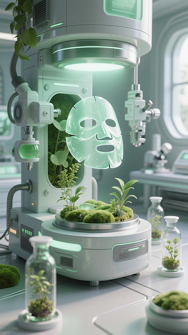特写美妆实验室的机器中间正在悬浮制作一张半透明质地Q弹的淡绿色面膜 ；周围是微观生态瓶；机器融合绿植生态元素；高级简约