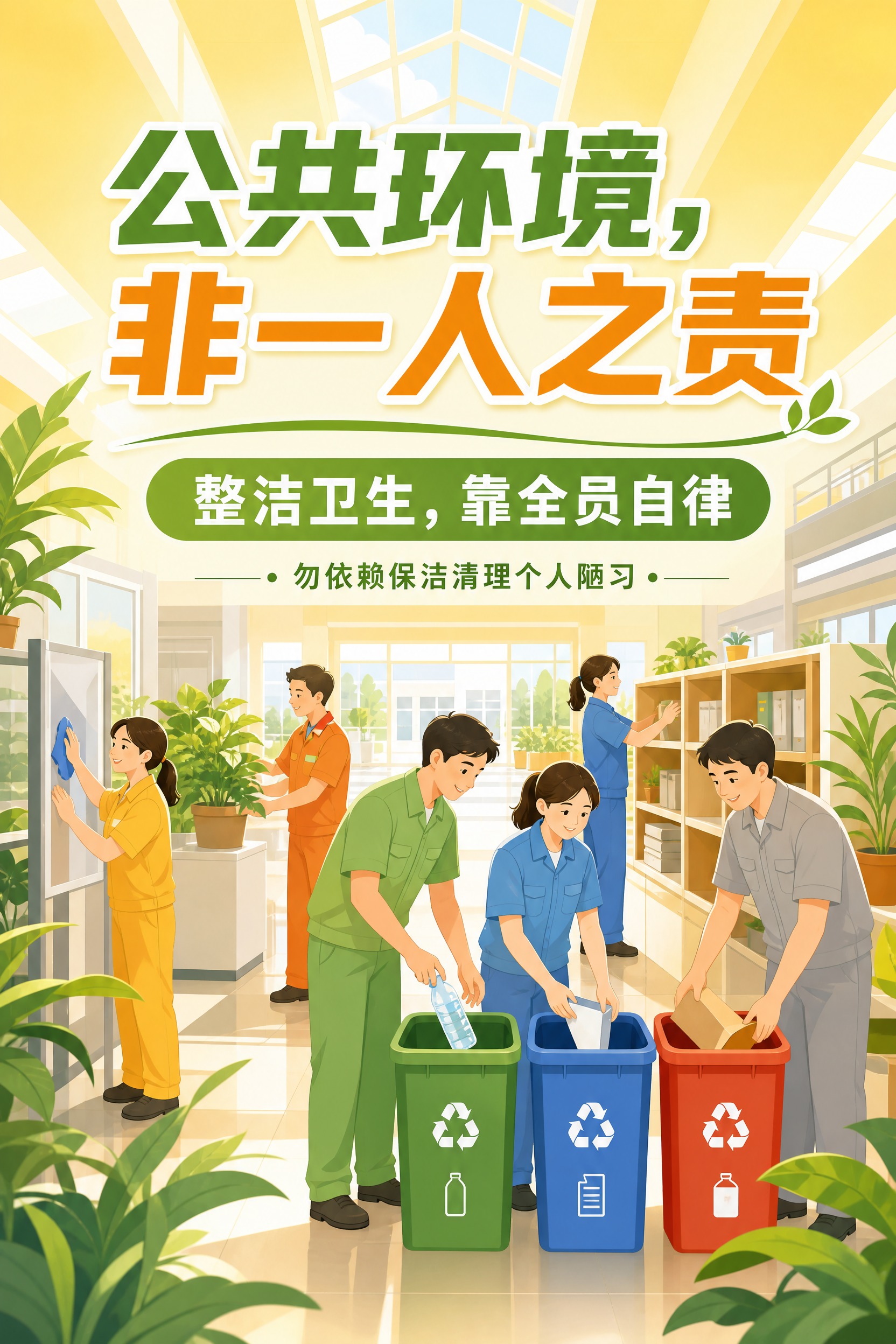 厂区环境卫生宣传海报，扁平插画风格，清爽明亮，黄绿主色调，温暖… - 图片创意预览