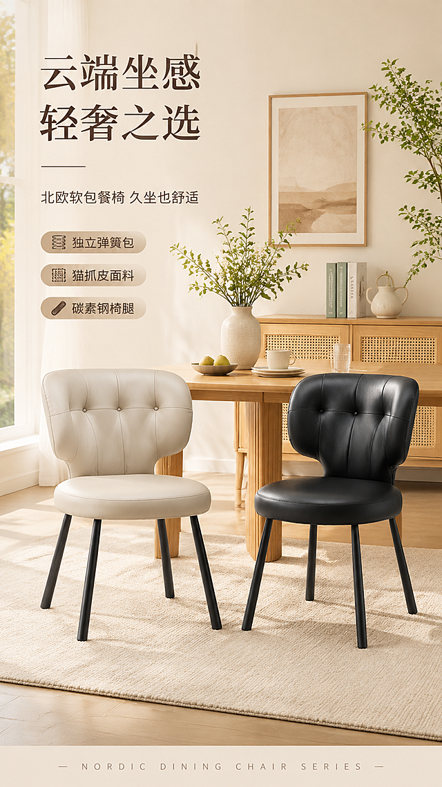 [第1张] 详情页头图主视觉·北欧轻奢软包餐椅餐厅场景双椅展示。本张使用【图1】作为商品主体，米色款与黑色款双椅同框展示。
[氛围/风格] 现代轻奢家居风，暖调柔和自然光，商业摄影质感，温馨治愈的餐厅氛围。
[元素布局] 画面右侧为餐厅场景，米色餐椅与黑色餐椅并排摆放在浅色木质餐桌两侧，占比约60%；背景为奶油白墙面+原木餐边柜+装饰画+绿植+陶瓷餐具；前景铺浅米色地毯，桌上摆放花瓶与餐盘；椅背软包饱满拉扣设计清晰可见，碳素钢黑色椅腿结构完整，产品物理结构、比例轮廓、材质质感、颜色色号与输入产品图完全一致。
[光影质感] 左侧落地窗洒入暖金色自然光，柔和漫射，椅身软包有自然高光，椅腿金属质感细腻，地面投下浅淡柔和阴影，整体明亮通透。
[配色色系] 全局底色 #F5F0E8（奶油米白）；主色奶油米+高级黑；辅助色原木色+浅灰绿点缀。
[视角构图] 正面微侧45°视角，景深适中，双椅为视觉中心，阅读动线左上标题→中部双椅→底部信息条。
[文字版式] 左上竖列标题区。主标题「云端坐感 轻奢之选」，副标题「北欧软包餐椅 久坐也舒适」，下方3个胶囊亮点：「独立弹簧包」「猫抓皮面料」「碳素钢椅腿」；底部通栏英文小字「NORDIC DINING CHAIR SERIES」；文字不遮挡椅身主体。
[比例分辨率] 9:16竖版比例，4K分辨率，文字清晰可辨，高清画质。
[负向提示词] 椅子变形，结构错误，缺件错件，颜色偏差，水印，文字错乱，文字过小，产品图模糊，背景杂乱，人物变形。