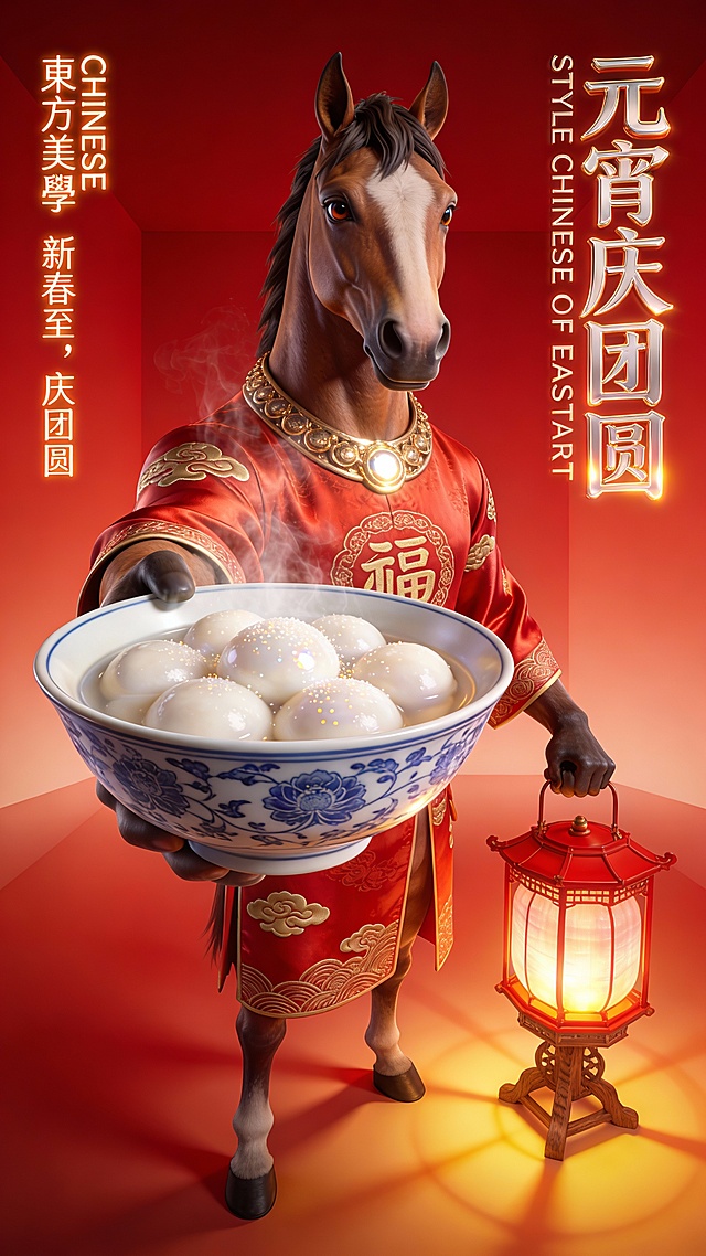 3D拟人马身着国潮红袍，手持汤圆与灯笼，鎏金浮雕细节尽显中式喜庆，元宵团圆氛围浓厚。