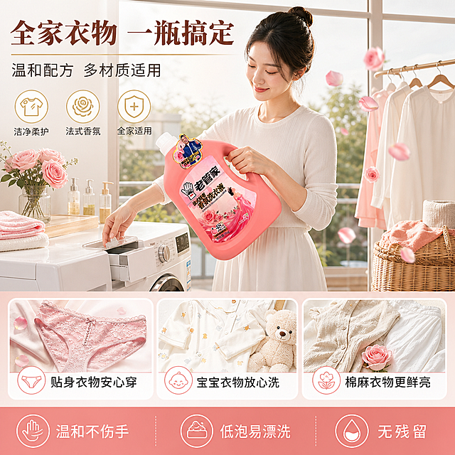 [商品] 使用【图1】老管家法式轻奢香氛洗衣液5kg装；保留瓶身全部原貌特征；商品处理：清晰化标签，增强质感，融入真实洗衣场景。
[画面] 目标：家庭使用场景页，展示多场景适用与真人操作。构图：上下分栏，上半部分为亚洲女性在明亮阳台洗衣区操作洗衣机的中景，手正拿起洗衣液瓶准备倒入，旁边晾着干净衣物飘着玫瑰香氛粒子；下半部分三宫格小场景拼图（贴身衣物/婴幼儿衣物/棉麻衣物），每格配适用说明；产品在主场景中自然手持，占画面约30%。
[视觉] 套系策略：风格=法式轻奢商业精修摄影；标题字=优雅宋体粗体；正文字=简洁黑体；主色=玫瑰粉；背景延展=明亮温馨的家居阳台场景，浅木色+白色调为主，点缀玫瑰粉软装；强调色=香槟金；标题色=深玫瑰棕；正文色=暖灰棕；组件=三宫格拼图卡片、图标、底部信息条；光影=自然光从阳台窗户射入，温暖明亮。
[文字] 顶部主标题「全家衣物 一瓶搞定」；副标题「温和配方 多材质适用」；三宫格分别标注：贴身衣物安心穿、宝宝衣物放心洗、棉麻衣物更鲜亮；底部信息条：温和不伤手 · 低泡易漂洗 · 无残留；文字全部横向排版。
[规格] 图片比例1:1正方形，4K分辨率，负向提示：避免变形、错字、文字过小、欧美面孔、瓶身颜色改变、绝对化用语。