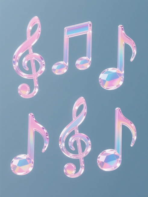 六个规整排布的音乐符号，每个符号具有不同的造型，采用透明水晶质感，赋有粉色与蓝色渐变的虹彩光泽，表面光滑且带有细腻的高光和反射效果，简约现代风格，纯色背景，无文字，无logo，无水印。预览效果