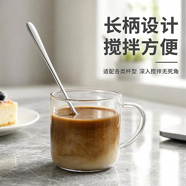 [主图-4] 场景使用展示，突出适配性。[氛围风格] 真实生活场景，简约干净；[画质] 自然真实，光线通透，产品清晰。[元素] 长柄咖啡勺放置于透明马克杯内，勺柄露出杯外，展示搅拌使用场景，杯子放置在浅灰色大理石桌面，保持勺子外观和材质与原图一致。背景虚化突出主体，整体场景自然和谐，商品主体占比约65%，满屏无边框。[光影] 柔和窗边自然光，均匀明亮，还原真实使用氛围，不锈钢边缘保留自然反光。[配色] 浅灰背景搭配透明玻璃杯，整体清爽干净，突出产品。[视角构图] 平视斜侧视角，生活化场景构图，自然代入。[文字版式] 右上负空间标注大字「长柄设计 搅拌方便」深灰色粗体，底部小字补充「适配各类杯型 深入搅拌无死角」，文字不遮挡产品主体。[比例分辨率] 1:1比例，2048x2048分辨率，文字清晰可辨，超高清。[负向提示词] 变形，文字错乱，产品图模糊，背景杂乱，水印，电商平台Logo