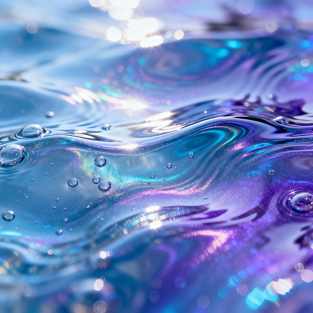 超写实摄影风格，流动的蓝色和紫色渐变液体表面，充满梦幻般的光泽与虹彩效果，光线从上方照射形成明亮的高光和细腻的波纹阴影，透明质感中点缀着大小不一的气泡，整体呈现出宁静而神秘的氛围，色彩和谐且富有层次感，画面细节丰富，纹理清晰，具有强烈的视觉冲击力和沉浸感。