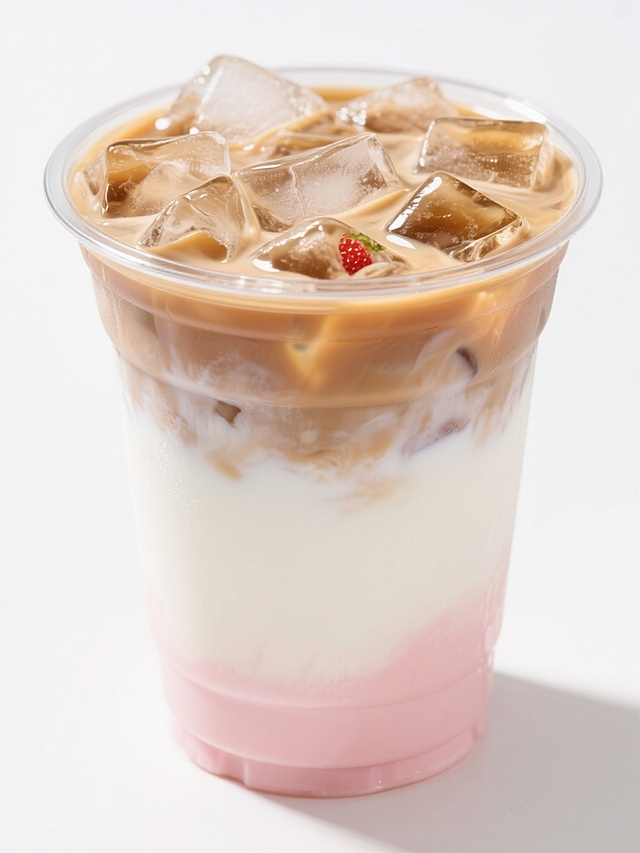 透明塑料杯中装着分层冰饮，底层是淡粉色的草莓口味糖浆，中间是乳白色的奶层，顶部是浅棕色的草莓风味咖啡，杯口覆盖大量透明冰块，整体色彩清新明快，冰块晶莹剔透，液体层次分明，杯壁光滑有光泽，高角度俯拍，白色背景，突出饮品的清爽感和诱人外观。