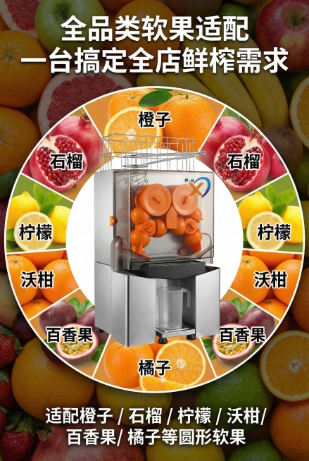 竖版电商详情图核心卖点屏，杂志级环形精致排版，整体缤纷鲜活的鲜果风格，无冰冷工业感。画面正中心为商用橙子榨汁机产品正面全景展示，严格还原上传的产品图所有细节，产品尺寸400mm长*300mm宽*780预览效果