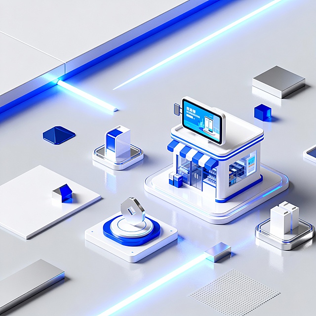 未来感与科技感交织的3D微缩艺术场景，几何形态搭配金属与玻璃材质，霓虹蓝光勾勒线条，营造商务风十足的数字空间。