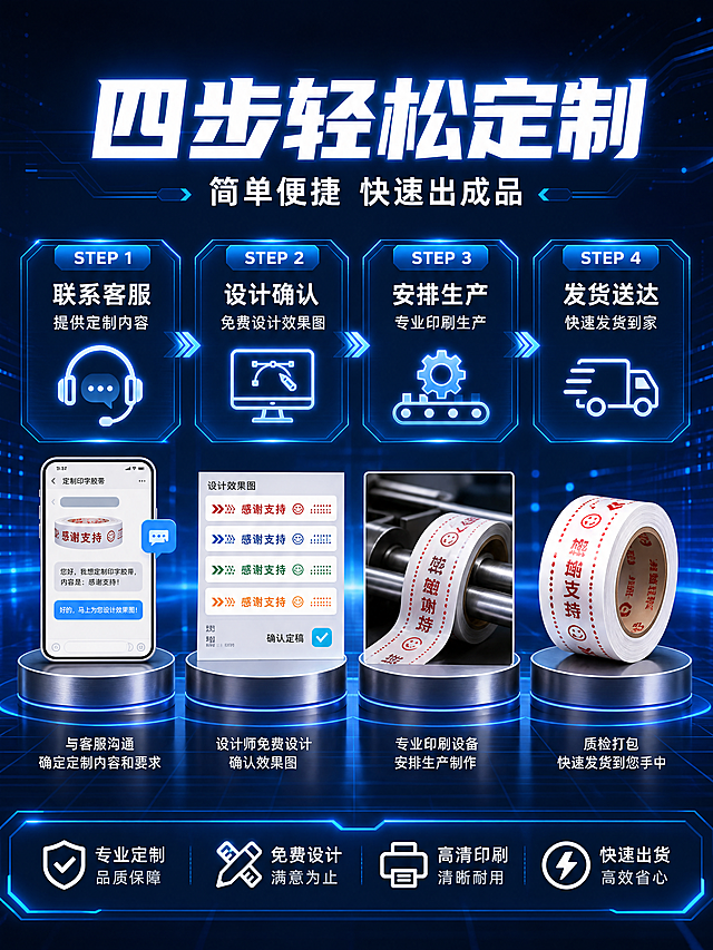 [商品] 使用【图1】的定制印字胶带；保留胶带卷形态和印刷特征；商品处理：展示设计稿到成品胶带的过程示意。
[画面] 页面目标：定制流程说明，清晰告知用户如何定制。构图：上方标题，中间4步流程横向排列，用箭头连接。主体位置：画面中部流程步骤区。主体占比约60%。景别：信息全景。阅读动线：从上到下，从左到右。前中后景：前景流程步骤和图标，中景步骤卡片，后景深蓝色科技背景。
[视觉] 套系策略：风格=深蓝色科技感高级商业摄影，金属质感展台，蓝色霓虹光效；标题字=粗黑体大字，白色带蓝色发光边；正文字=简洁无衬线体，白色/浅灰色；主色=深蓝色（科技蓝黑渐变）；背景延展=深蓝色渐变背景，带科技网格线、蓝色光线粒子、发光线条；强调色=亮蓝色（科技蓝），用于光效、图标、引线、标题装饰；标题色=白色加粗，带蓝色外发光；正文色=浅灰白色；组件=科技感边框、蓝色发光按钮、金属质感信息卡、几何线条装饰；光影=顶部主光+侧面蓝色轮廓光，产品立体感强，金属展台有反光。
[文字] 主标题"四步轻松定制"，副标题"简单便捷 快速出成品"。4步分别配图标和文字：STEP 1"联系客服" 提供定制内容；STEP 2"设计确认" 免费设计效果图；STEP 3"安排生产" 专业印刷生产；STEP 4"发货送达" 快速发货到家。所有文字横排。
[规格] 图片比例3:4竖版，4K，quality=medium，避免变形、错字、图标不统一、流程混乱、暖色调背景。