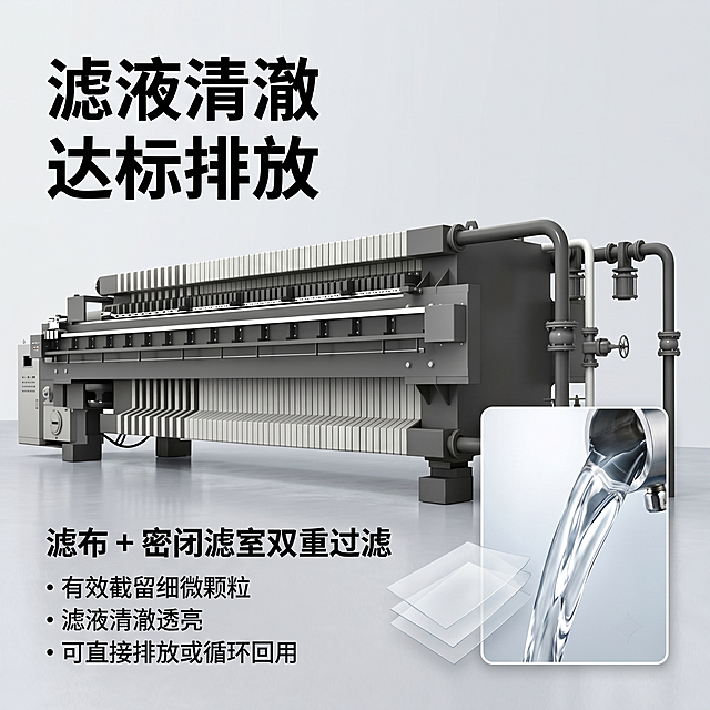 [主图-2] 板框式压滤机第二屏主图，展示滤液清澈达标排放卖点。
[氛围风格] 专业工业风，和首图风格保持统一
[画质] 商业摄影质感，产品清晰真实，画面干净高级
[元素] 基于输入图片生成板框式压滤机，保持产品结构、材质、颜色与原图完全一致，不修改产品本身。产品主体占据画面左侧约60%，右侧搭配一张滤液清澈透亮的效果特写小图，采用画中画版式。浅灰色工业背景，保持整体干净专业
[光影] 和首图光影风格统一，左侧主光突出产品，右侧特写光线均匀，细节清晰
[配色] 延续深灰主色调，浅灰背景，文字对比清晰
[视角构图] 产品平视展示，画中画细节特写，整体满版构图，层次分明
[文字版式] 顶部左对齐主标题大字"滤液清澈 达标排放"，加粗黑色；主体产品下方标注"滤布 + 密闭滤室双重过滤"，左侧分点说明"有效截留细微颗粒\n滤液清澈透亮\n可直接排放或循环回用"，字体大小对比清晰，文字不遮挡产品主体
[比例分辨率] 1:1 比例，2K 分辨率，文字清晰可辨，超高清
[负向提示词] 变形，水印，文字错乱，产品模糊，背景杂乱，风格不统一