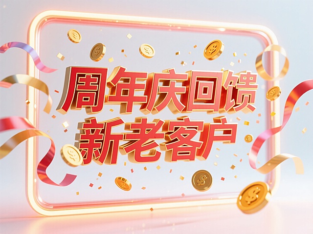 3D风大字设计，喜庆色彩搭配金币元素，营造周年庆回馈的热闹氛围。