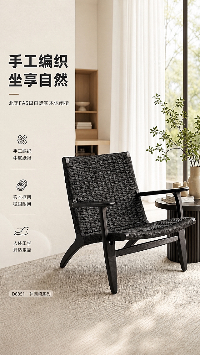 [商品] 使用【图1】D8851黑色休闲椅；保留整体结构：手工编织牛皮纸绳坐面与靠背、北美FAS级白蜡实木黑色椅身与扶手、四条倾斜椅腿、整体轮廓比例与颜色；商品处理：增强编织纹理质感与实木木纹细节，提升整体精致度，不改变结构与颜色。
[画面] 目标：风格空间头图，吸引注意，展示椅子全貌与高级调性。左文右景版式，左侧约1/3竖列文案区，右侧约2/3明亮客厅大场景。椅子置于场景中央偏右，产品占画面约50%，45度侧视角度。前景浅色地毯，中景椅子+简约边几与绿植，后景落地窗白纱帘+明亮自然光，营造高级大气的现代中古风客厅氛围。阅读动线从左上标题到右侧产品。
[视觉] 套系策略：风格=高级大气现代中古风商业摄影；标题字=现代简约无衬线粗体；正文字=简洁无衬线体；主色=米白暖灰；背景延展=基于米白暖灰做深浅层级、同色渐变和细腻哑光质感；强调色=深炭黑，仅用于小面积图标、引线和标签；标题色=深炭黑；正文色=中暖灰；组件=细线引线、极简图标、浅底信息卡；光影=左前侧明亮自然光，柔和阴影，整体亮色调。
[文字] 左侧竖列文案区：主标题「手工编织 坐享自然」，副标题「北美FAS级白蜡实木休闲椅」，3条亮点「手工编织牛皮纸绳」「实木框架稳固耐用」「人体工学舒适坐靠」，底部系列角标「D8851 · 休闲椅系列」。文字不遮挡椅子主体。
[规格] 图片比例9:16竖版，4K分辨率，负向提示：避免变形、错字、文字过小、冷蓝背景、产品颜色改变、结构失真、水印、二维码。